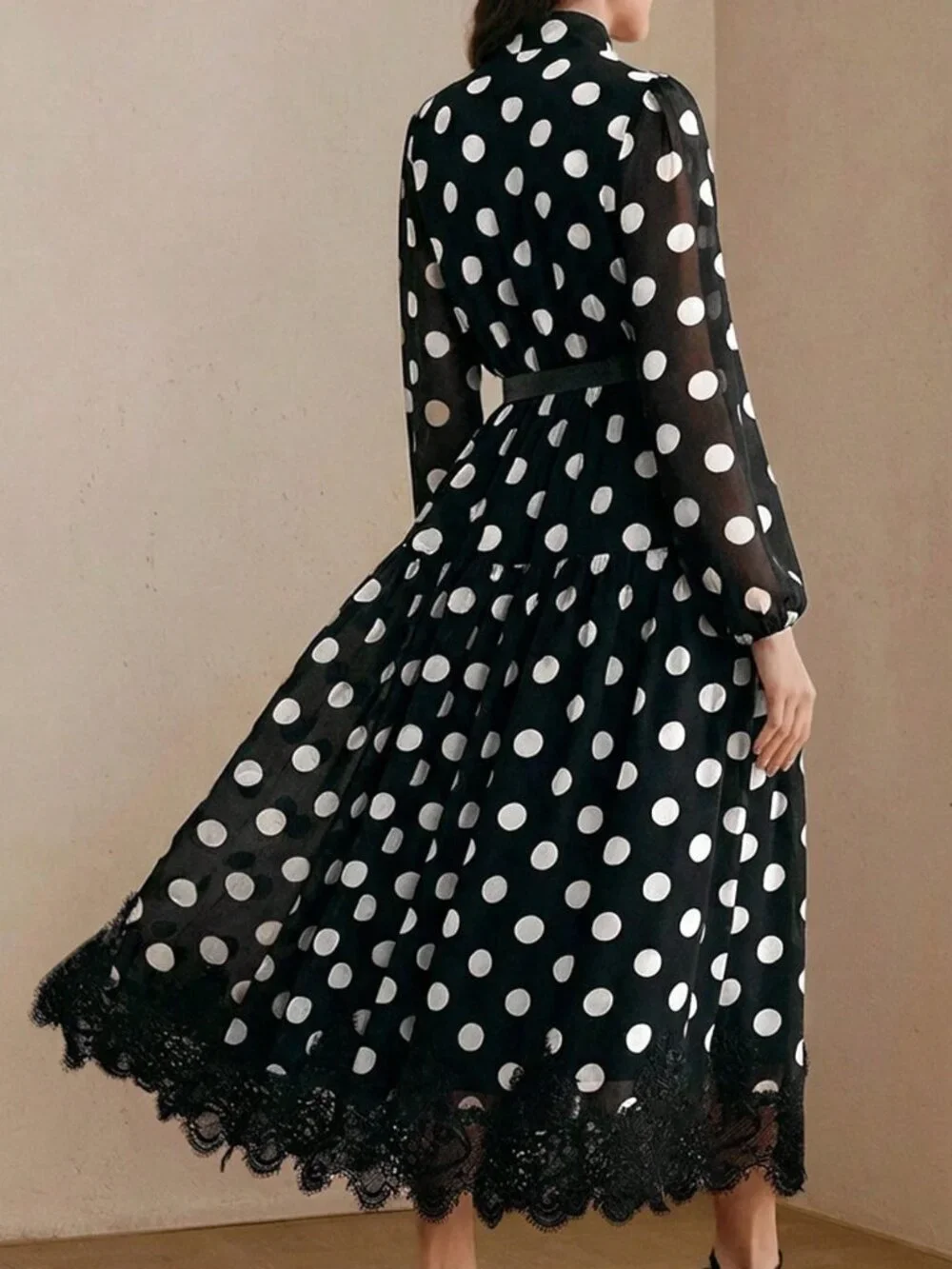 Black & White Elegant Women's Polka Dot Chiffon Lace Tie Waist Long Sleeve Dress
